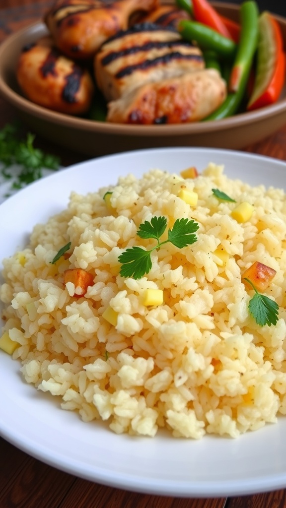 A serving of garlic butter rice on a plate, garnished with parsley, alongside grilled chicken and vegetables.